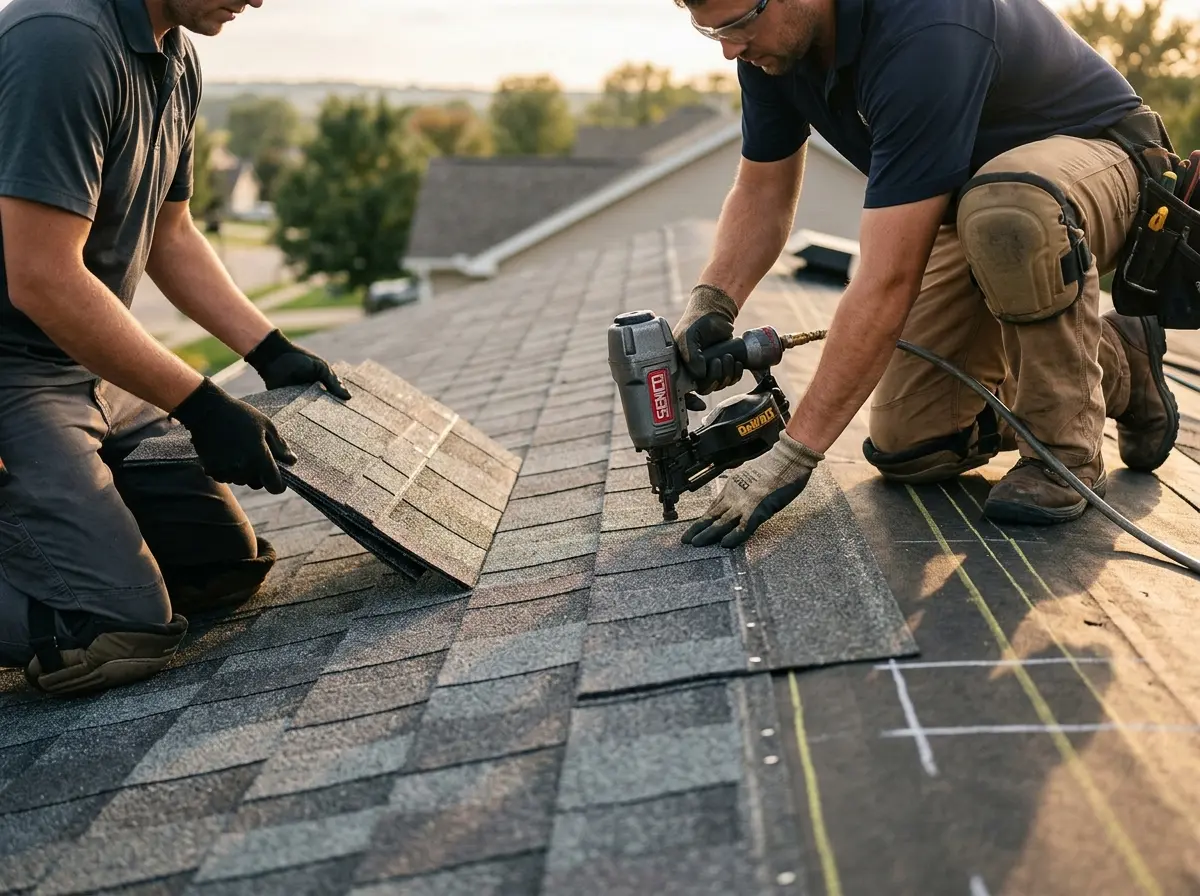 Professional roofer working on a residential roof in Hays